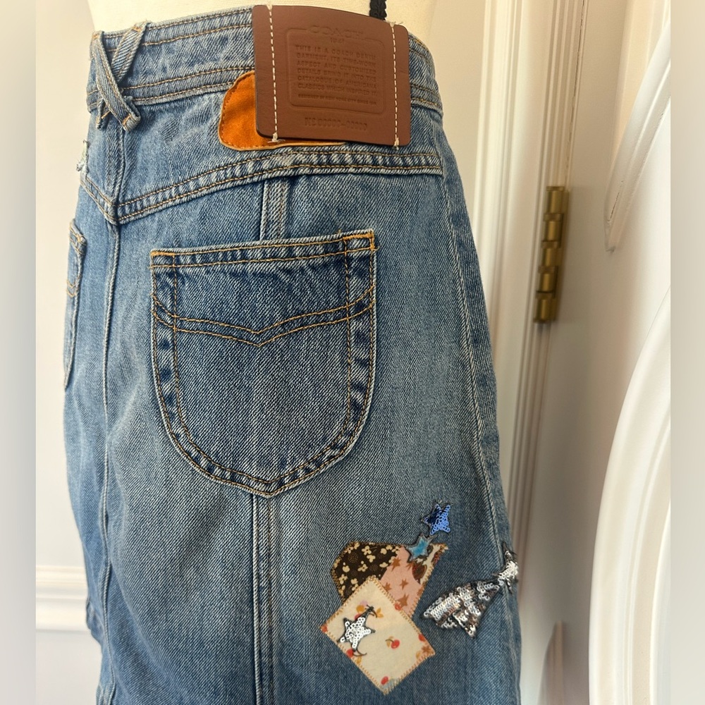 Coach NWOT 100% Cotton Denim Patchwork Button Up Sequin Embroidery Skirt- Size 4 - Picture 9 of 13